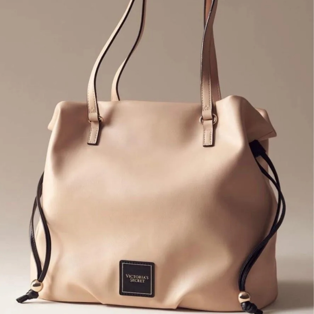 NEW! VICTORIA'S SECRET CINCH TOP BARE TOTE PURSE BAG SHOULDER BEIGE GOLD HANDBAG